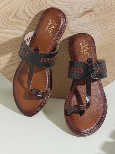 Image of Women's Kolhapuri Chappal Flats | Two-Tone Leatherette Ethnic Sandals with Toe Ring | Comfortable Handcrafted Traditional Slip-On Slippers for Ladies