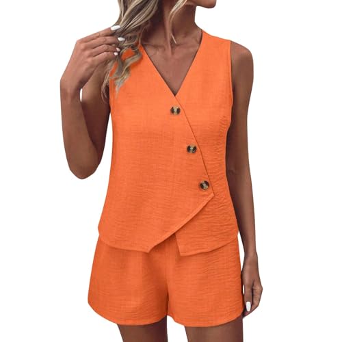NSICBMNO - NSICBMNO Orange Lounge Sets For Women Shorts Co Ord Sets Summer 2 Piece Outfits Sleeveless Waistcoat V Neck Vest Tops Wide Leg Shorts Casual Tracksuits Travel Airport Outfits For Office Work Beach - -13%