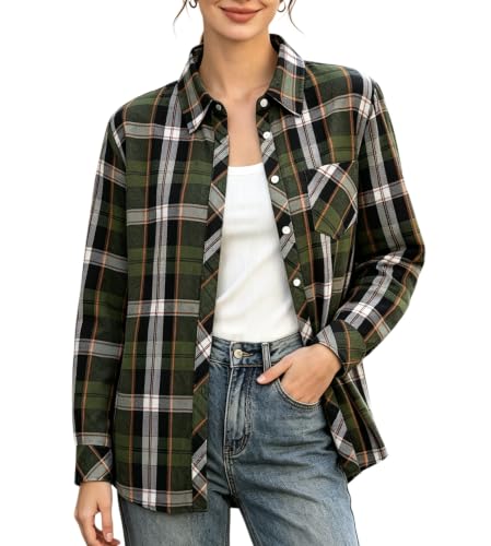 Image of SANGTREE Women and Girls Long Sleeve Flannel Casual Button Down Plaid Shirt