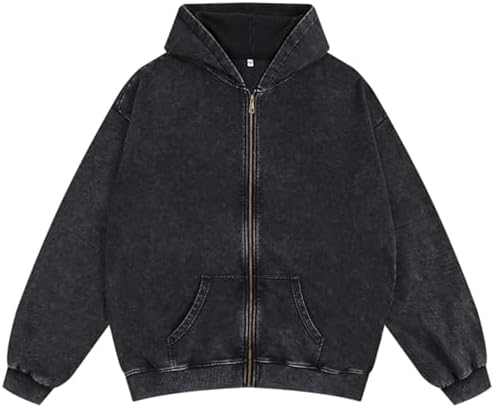 Oversized Vintage Cotton Jacket Acid Wash Grunge Basic Zip Up Hoo...