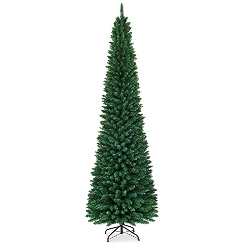 GYMAX Árbol de Navidad Slim 150/180/210/240/270 cm, Estrecho y Alto, con 220/400/700/1000/1500 Ramas de PVC ignífugo, Árbol Artificial con Soporte de Metal, para el Hogar, Tienda, Oficina (270cm)