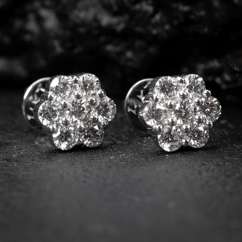 Street Knitted Flower Cluster Brilliant 925 Sterling Silver Honey Comb Set Iced Cz Circle Screw Back Stud Round Hip Hop Hypoallergenic Cubic Zirconia Earrings For Men And Women thumb #2