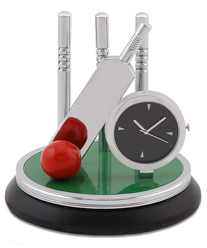 ZAHEPA Metal Cricket Kit Style Table Clock, Silver Finish Clock with Bat, Ball & Stumps, Battery Operated Desk Showpiece, Paperweight for Office, Home Decor, Gift for Cricket Lovers