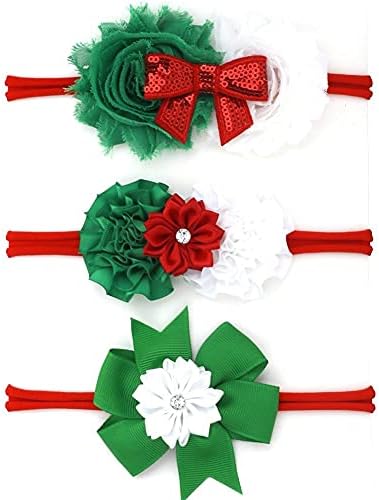 Miuion Baby Girl Nylon Christmas Headbands/Green Red White Sequin Bowknot - Pack of 3 (Satin Flower Set)