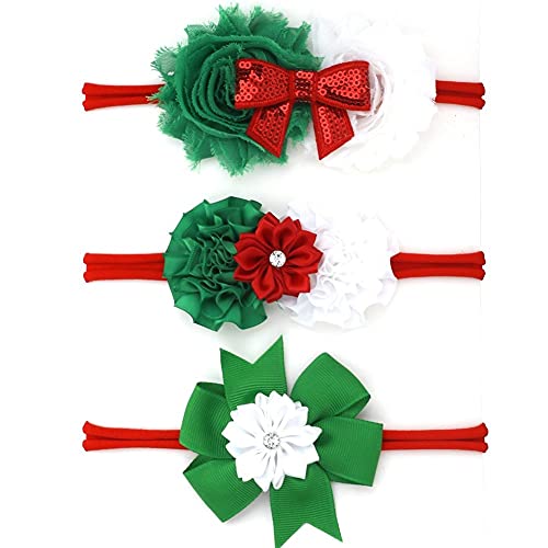 Baby Girl Nylon Christmas Headbands/Green Red White Sequin Bowknot - Pack of 3 (Satin Flower Set)