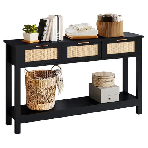 Luoxiao Entryway Console Table with 3 Rattan Drawers – Long Sofa Table Behind Couch Modern Fluted Hallway Living Room Storage Cabinet, Entry Table Open Shelf Foyer Furniture, Anti-Tip, Black, 47 Inch