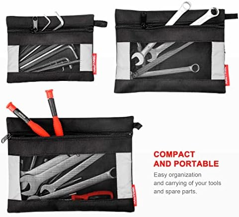 HAUTMEC 3 Pieces Small Tool Pouch, Multi Function Zippered Tool Poly Bag with Mesh Window, Heavy-Duty Clip Organizer HT0126-TB