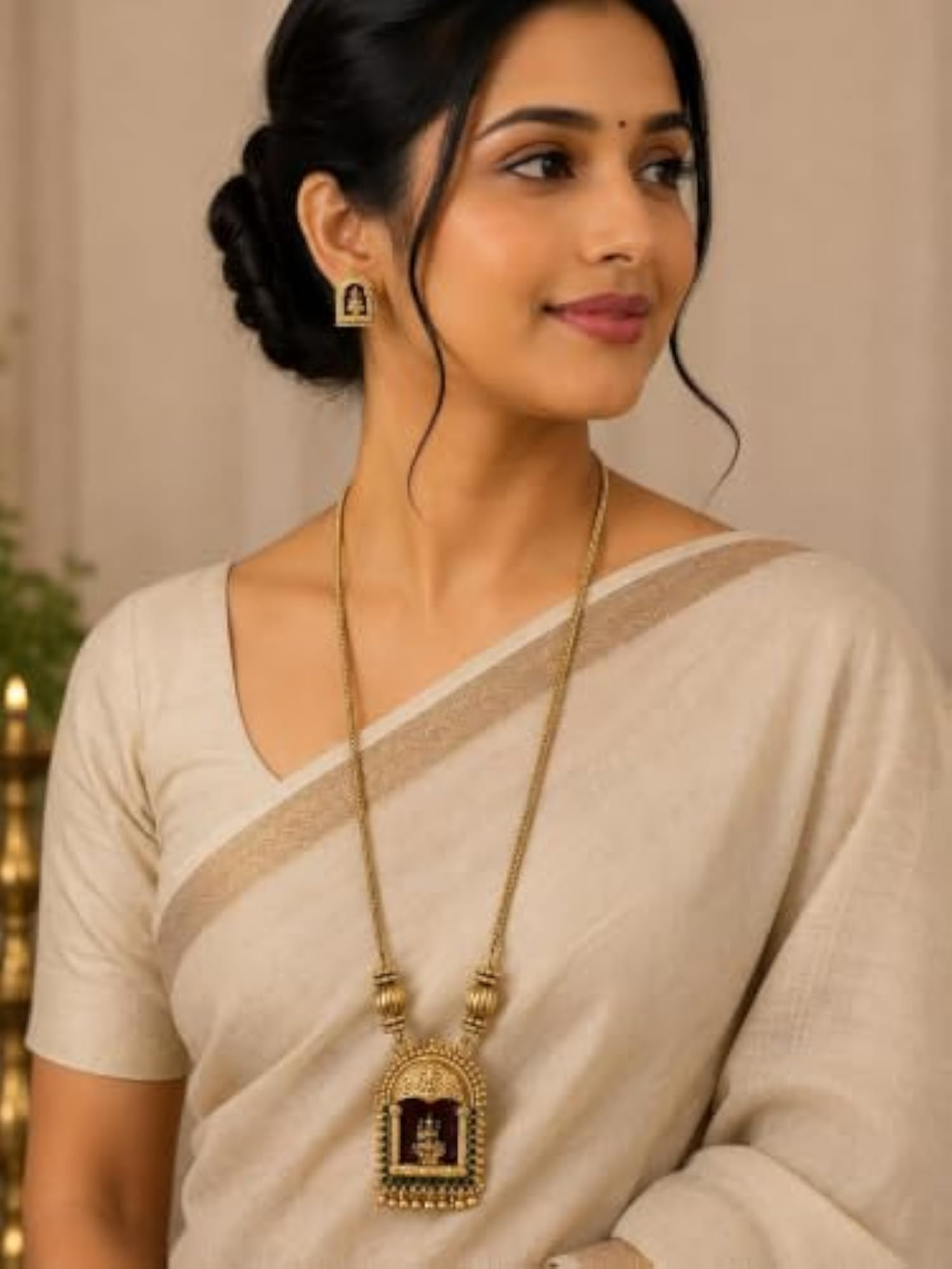 Traditional Gold Plated Temple Pendant Necklace Set with Matching Studs