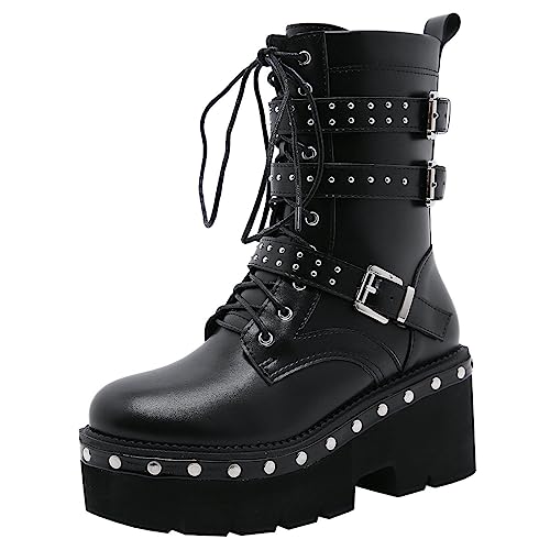 Image of Parisuit Womens Goth Patent Ankle Boots Platform Chunky Combat Boots