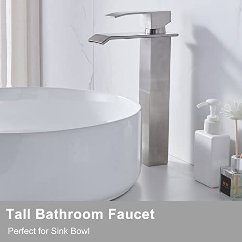 Shaco Brushed Nickel Vessel Sink Faucet, Tall Waterfall Bathroom Faucet For Sink Bowl, Single Handle One Hole Bathroom Mixer Tap With Pop Up Drain And Water Supply Line, Lavatory Vanity Faucet #TOP2