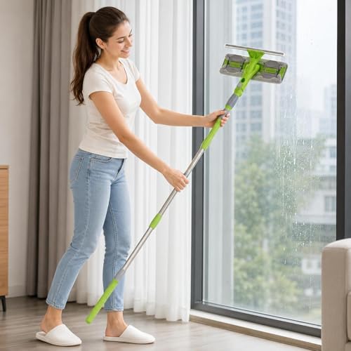 Image of Upgraded 2 in 1 Rotatable Glass Cleaner Wiper with Extendable Long Handle, Double Sided Window Cleaning Mop, Microfiber Cloth & Rubber Squeegee for Glass, Mirror, Shower Door, Car, Solar Panel