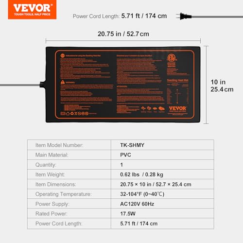 Image of VEVOR 10 inchx 20.75 inch Seedling Heat Mat 1 Pack, MET-Certified, Waterproof, for Indoor Germination, Gardening, Hydroponics, Greenhouse Use