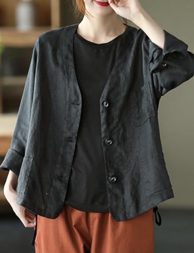 Mywinway Linen Blazer Women Summer Spring Cotton Lightweight Casual Jackets Button Down Oversized Blazer3