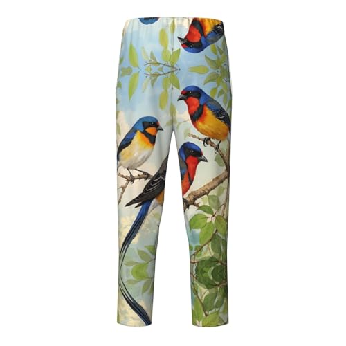 Pajama Pants Pajama Bottoms with Elastic Waistband Sleepwear Lounge PantsColorful Birds Branches Leaf2