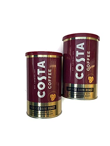 Costa Coffee Intense Dark Roast Instant Coffee with Finely Ground Beans 2 Tin Bundle