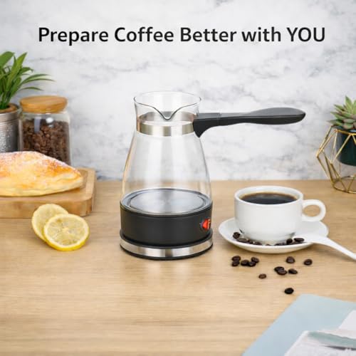 Image of Electric Glass Turkish Coffee Kettle, 600W Fast Heat, 500ml Capacity, Black and Clear Design with Ergonomic Handle, Power Switch Indicator /Green Tea&Coffee, Borosilicate Glass, S.S. Base (Glass)