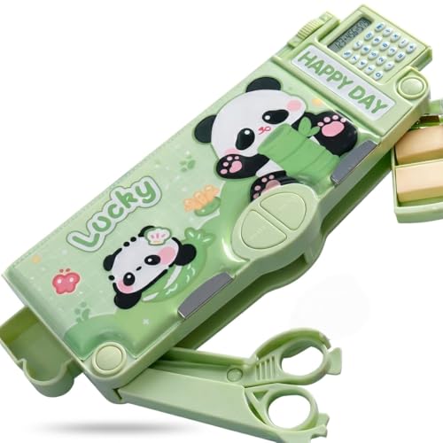Image of Umadiya Magnetic Multifunctional School Pencil Box with Calculator Cute Cartoon Stationary Large Capacity Compass Geometry Kids Scissor Ruler Eraser Magnetic Box Best Gifts (Panda Calculator)
