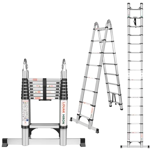 Teleskopleiter Klappleiter Aluminium 5M (2.5+2.5) Ausziehbare Leiter Rutschfester Aluleiter Stehleiter Mehrzweckleiter Aluminiumleiter Teleskop Ausziehleiter 150 kg Belastbarkeit