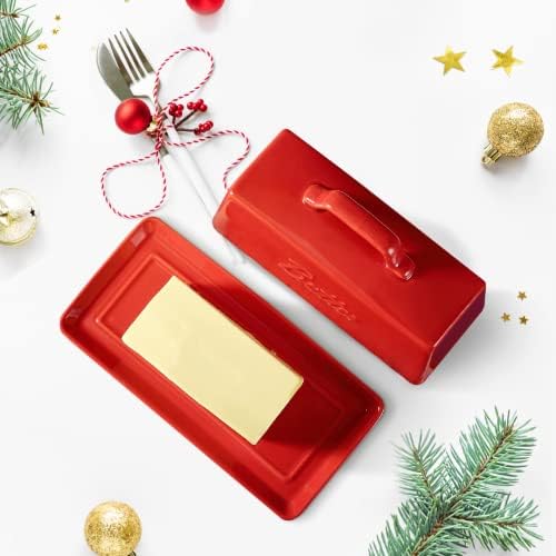 Bruntmor Ceramic Butter Dish With Lid. Butter Holder/Tray/Storage With Lid And Handle. Porcelain Butter Keeper For Countertop. Christmas Butter Dish With Cover In Red Color.