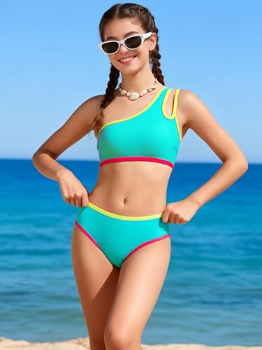Image of Redair Girls Swimsuit Two Piece One Shoulder Bathing Suit with Chest Pad Color Block Bikini 7-16 Years