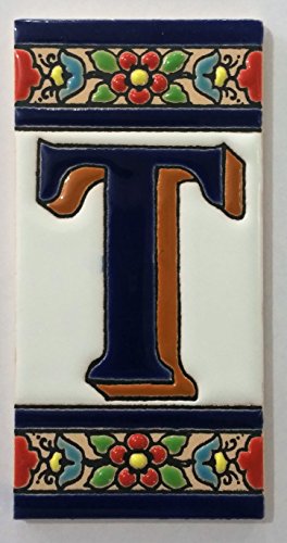 ARTESANÍA ROCA Letras y números de azulejo cerámico. Modelo Flor Azul. Medidas 11cm Altura x 5,5 cm Ancho Made IN Spain (T Letra)