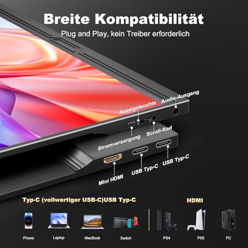 CUIUIC 15,6 Portable Monitor 2.5K – QHD 2560x1440 IPS, 500 Nits, 150% sRGB, HDR, USB-C/HDMI, Augenfreundlich, Zweitbildschirm für Mac, Laptop, Handy, PC, PS5, Xbox mit Smart Case