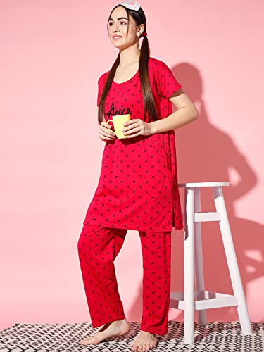 Image of Printed Round Neck Short Sleeve Nightsuit Set | Casual Night Dress for Women