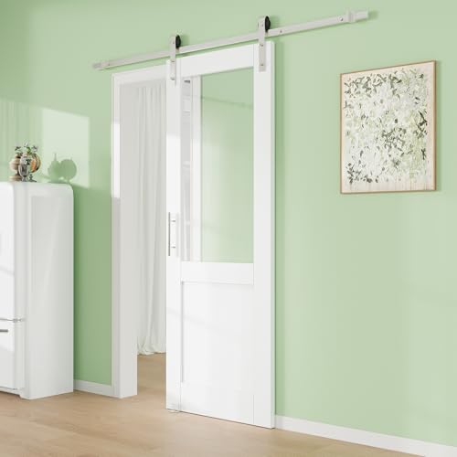 Image of 24 inch x 80 inch Presembled 3-Lite Molded Panel Barn Door with 72 inch Track Kit, Solid MDF Sliding Barn Door for Closet Kitchen Bedroom Pantry, Excellent Sound & Thermal Insulation, Nickel-Plated Hardware Kit