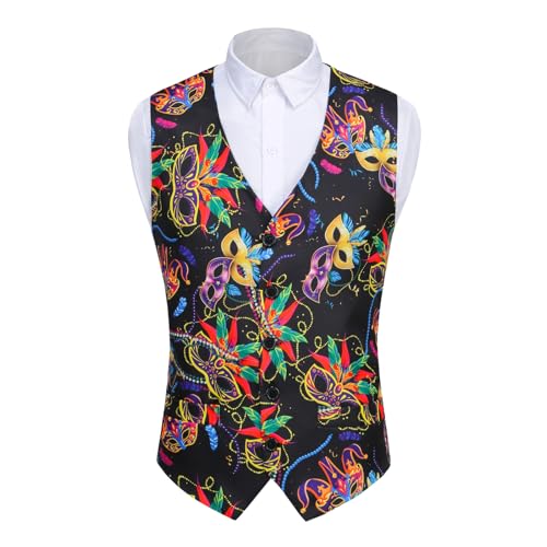 Image of yolsun Men's Mardi Gras Vest 3D-Print Festival Party Holiday Waistcoats Mardi Gras Outfit (Colorful Party Mask, Medium)
