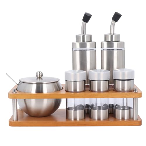 Nurnesy Set Dispenser per Condimenti da Multifunzionale con Base in Legno - Eleganti Bottiglie di Olio e Aceto per Sale, Zucchero, Spezie e Altro Ancora