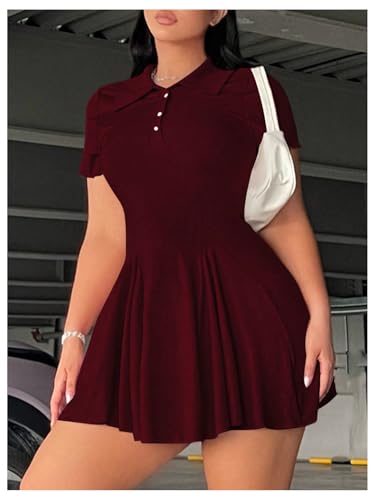 Image of RoseSeek Women's Plus Size Ribbed Knit Golf Dress Button Front Short Sleeve A Line Collared Shirt Dresses