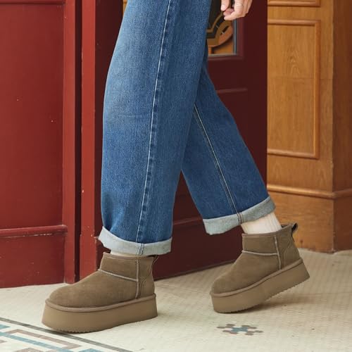 DREAM PAIRS DREAM PAIRS Platform Winter Boots for Women Genuine Suede, Wide Toe Water Slip Resistant Ankle Mini Snow Boots Lined Fur with Lightweigt Memory Foam Insole Outdoor,Size 10,Taupe,SDSB25005W