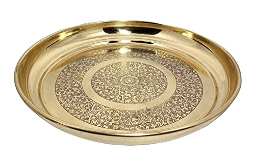 Image of A & H ENTERPRISES Brass Dinner Thali 11 Inch (27 cm) | Heavy Duty Round Brass Plate for Dining, Serving & Pooja Etching Flower Design Traditional Khumcha Plate (Set of 1 Pc)