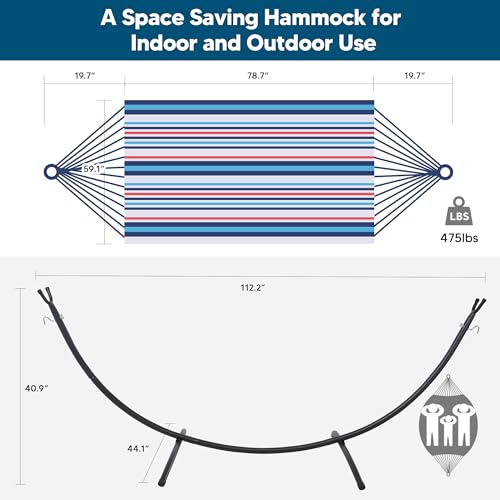 Image of SUNCREAT Hammocks for Outside with Stand, Porch Hammock and Stand, 475 lbs Capacity, Blue & Red Stripes