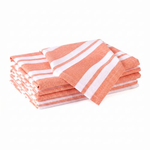Image of Encasa XO Dining Table Napkins Set of 6, 43x43 cm | Machine Washable Reusable, Recycled Cotton Cloth Napkin, Soft & Absorbent, Table Decor for Hotels, Farmhouse - White & Franca Orange Stripes