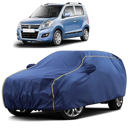 Image of Sulfar 100% Water Resistant Car Body Cover Compatible with Mirror for Maruti Suzuki New Wagonr (2010 (Triple Stitched, Full Bottom Elastic, Blue Taffeta with Yellow Piping)