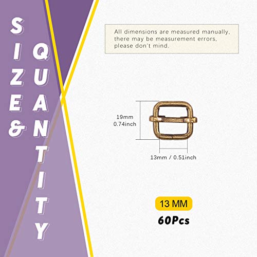 Swpeet 60Pcs 1/2 Inch - 13Mm Bronze Metal Rings Metal Rectangle Adjuster Triglides Slides Buckle, Roller Pin Buckles Slider Strap Adjuster Keychains For Belt Bags Diy (Bronze, 1/2 Inch) #TOP1