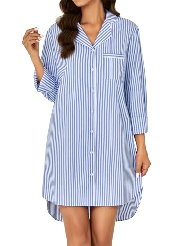 Rooscier Women's Cotton Striped Nightgown Collar V Neck Long Sleeve Sleep Shirts Nightdress Button Down Nightwear2