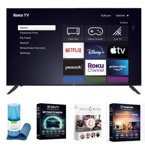JVC LT-40EP4257 40” 4K UHD Roku Smart TV, HDR10/HLG, Dolby Digital Plus, Frameless Bezel, with 12' 4K HDMI Cable, Screen Cleaner & Streaming Essentials Starter Bundle