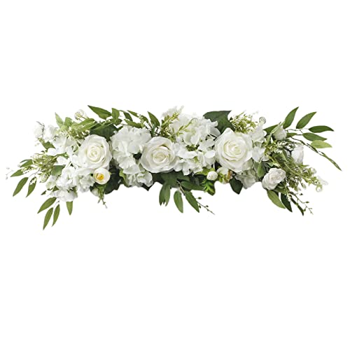 Artificial Flower Swag, 25.6 Inch Silk Rose Hydrangea Swag Arch Garland Front Door Decorative Floral Swags Lintel Floral Decoration for Wedding Ceremony Table Centerpiece (White)