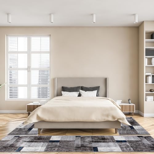 oKu-Tex Bettumrandung Set 3-teilig [67x340 cm | 2 mal 67x140 cm] Blauer Bettvorleger, meliert - weicher Kurzflor pflegeleicht - Teppich Schlafzimmer - Geometrisches Patchwork Design - Deutsche Marke