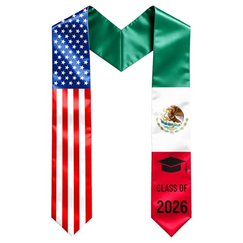 DASAOFA Mexican Graduation Stole Class of 2026, 72 Inch Mexico & American Flag Graduation Sash for College