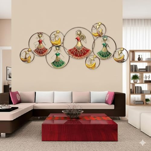 Image of Bharat Art Metal 9 Kalbeliya LED Ring Doll Wall Art | Decorative Metal Wall Sculpture for Living Room Bedroom Home Office | Multicolor (58.5 x 3 x 24.5 Inch) W065