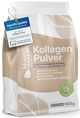 Grassgefüttertes Collagen Pulver 1500g (1,5 KG) - Hochdosiert & Geschmacksneutral Kollagen Hydrolysat Pulver, Peptid Typ 1 & 3 - Kollagen Peptide - Abgefüllt und getestet in Deutschland