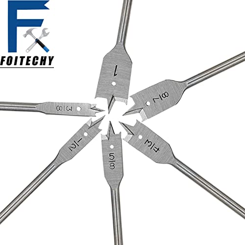 Foitechy (6Pcs) Spade Drill Bits3/8“-1”,Hex Shank Drill Bit Set,Hole Cutter, Titanium Coating, Carbon Steel Heavy Duty Sturdy Woodworking Flat Boring Drill High Carbon Steel Paddle Silver #TOP4