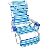 Tommy Bahama 4-Position Face-Opening Read Through Lounger with Ottoman, Portable Folding Beach Chair, Blue Stripe