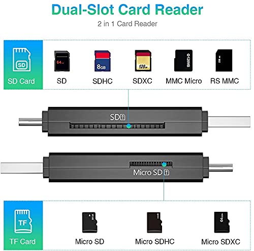 Vanja Lettore di Schede SD/Micro SD, Adattatore Micro USB OTG USB Tipo C e Lettore di Schede Portatile USB 2.0 per SDXC, SDHC, SD, MMC, RS-MMC, Micro