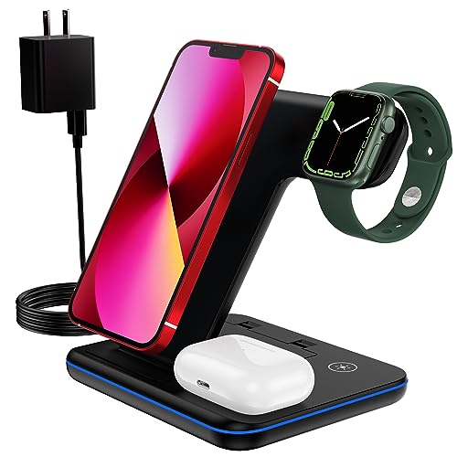 Wireless Charger 3 in 1 for iPhone/iWatch/Airpods Devices, Safe Charging Station for Apple Watch 6/SE/5/4/3/2, for iPhone 14,13,12,11 (Pro, Max)/XS/XR/X/8, Compatible with Airpods 3/Pro/2