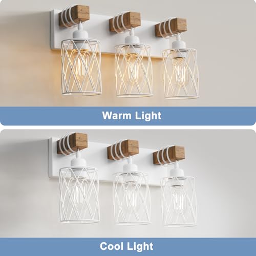 Image of IZORRO Farmhouse Bathroom Vanity Light, 3-Light Wood Bathroom Light Fixtures Over Mirror, Matte White Industrial Vanity Lights with Metal Shade, Rustic Restroom Lighting Fixtures