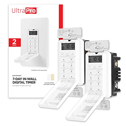 UltraPro Daysmart 7-Day Digital In-Wall Ⲧimer, Presets/Countdown Timer, Programmable Settings, Override, Sunrise/Sunset, Light Τimer for Indoor Lighting, Porch, Seasonal, Timer Switch, 2 Pack, 47940